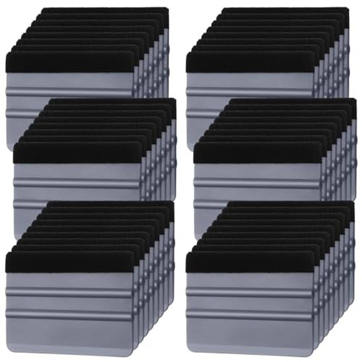 Stacked gray felt-edge vinyl squeegees with ribbed plastic handles (set of 50)
