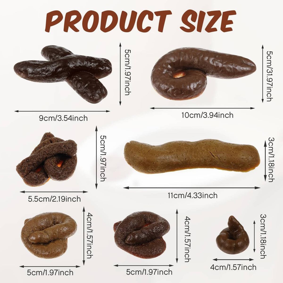 Fake poop pieces size chart with measurements in cm and inches
