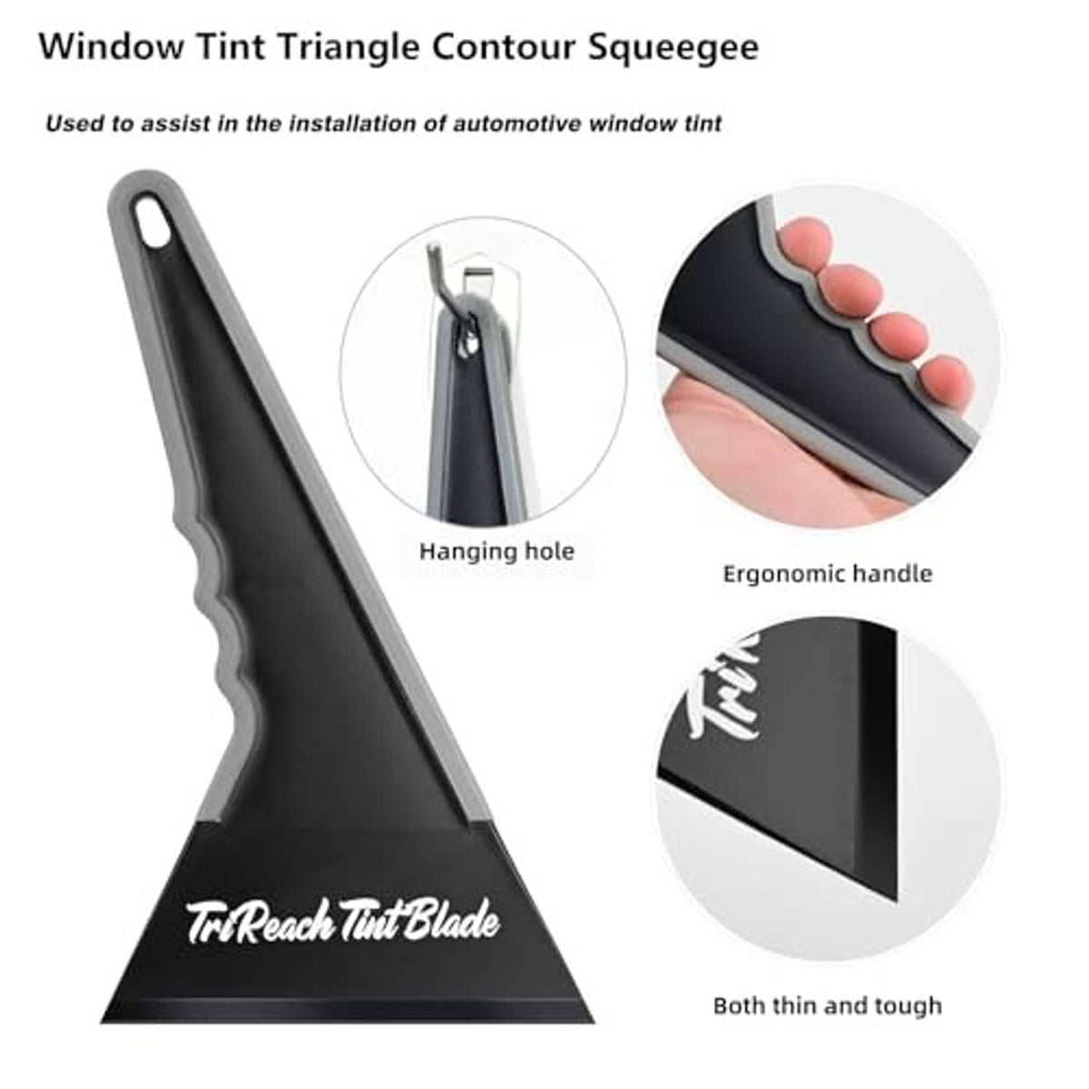 Triangle contour window tint squeegee with ergonomic handle and hanging hole