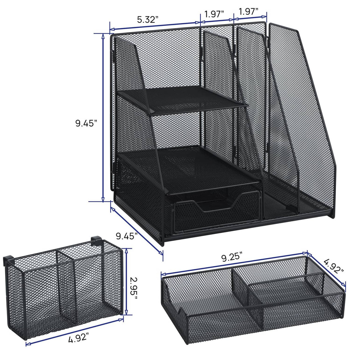 Black foldable desk organizer, multi-compartment design with two-tier base