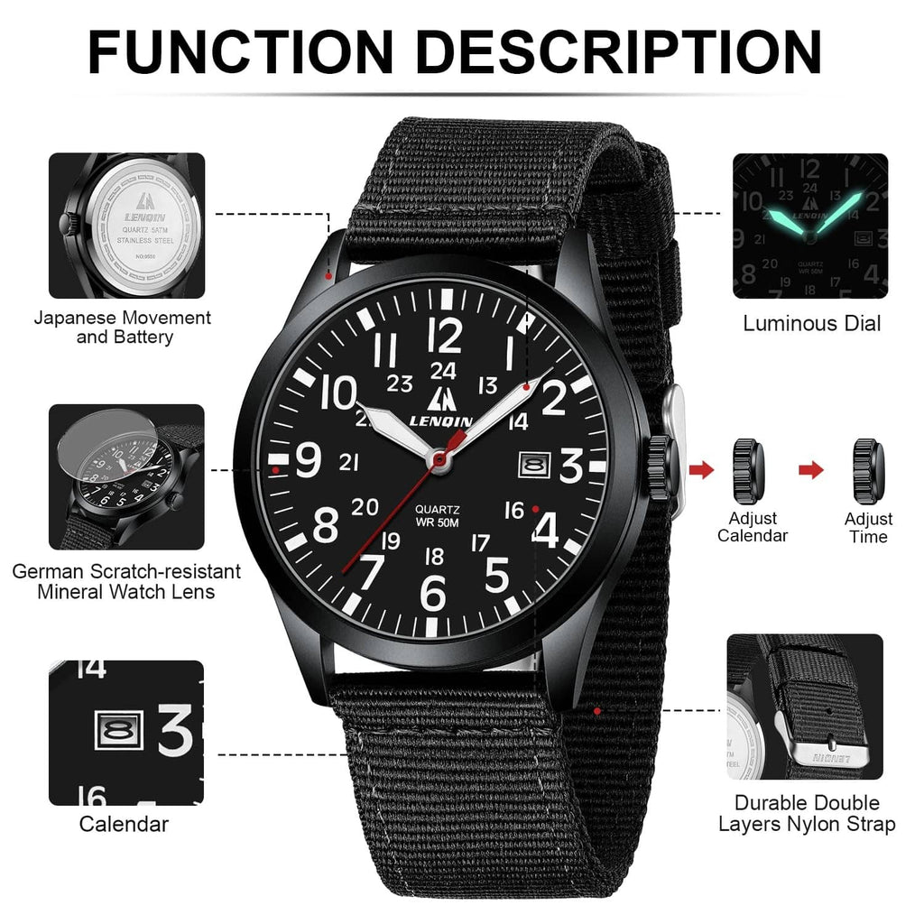 Black military sport watch with black dial and thick black nylon strap