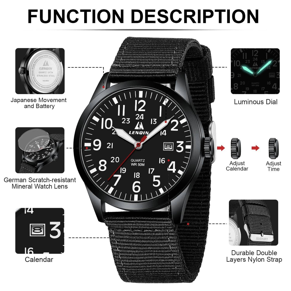 Black military sport watch with black dial and thick black nylon strap