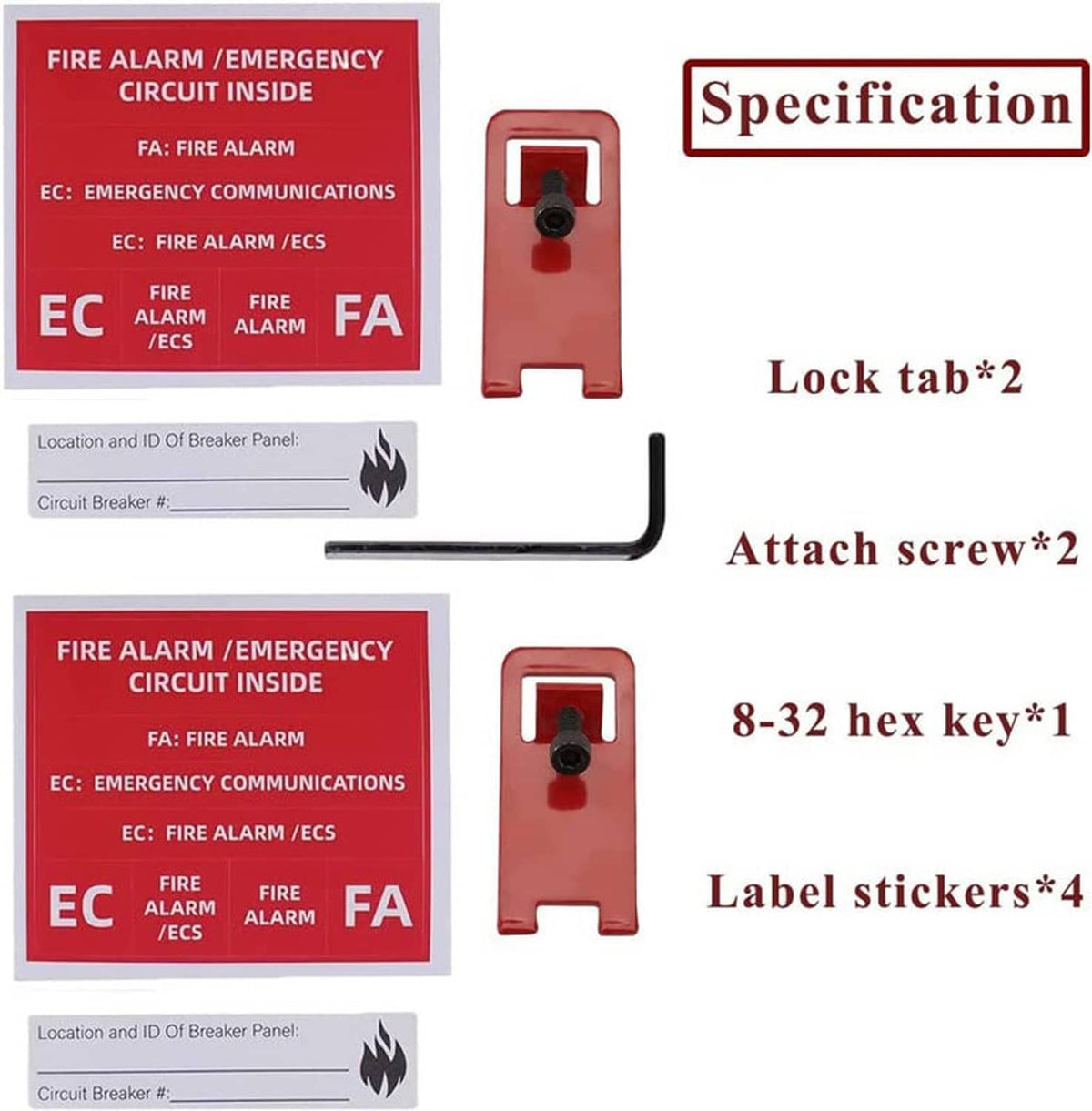 Red fire alarm lockout kit with two lock tabs, screws, and hex key