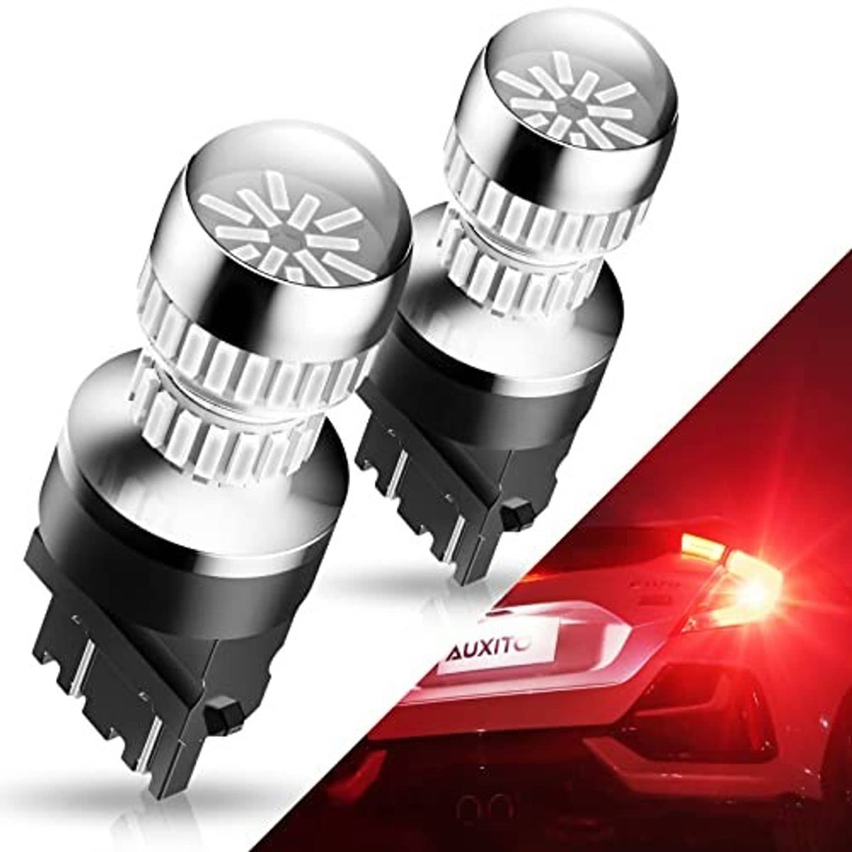 Red LED bulbs, two chrome housings with diode arrays, bright red headlight glow