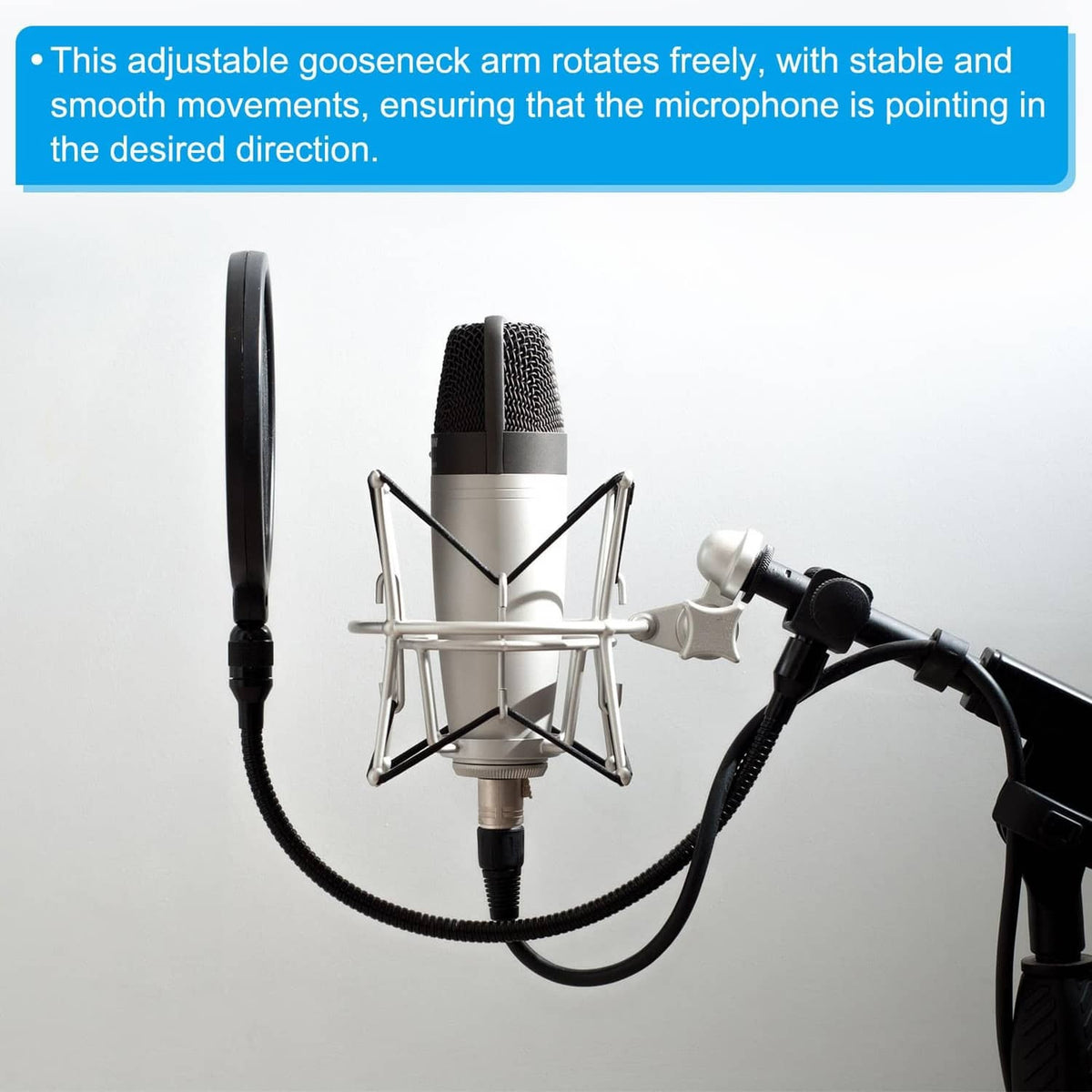 Black gooseneck hose with suction base and threaded end connector for microphone