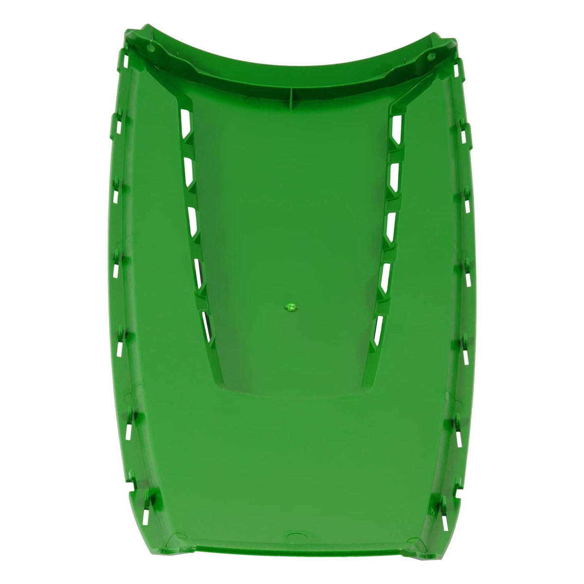 Green hood panel with rear mounting tabs and central recessed mounting area
