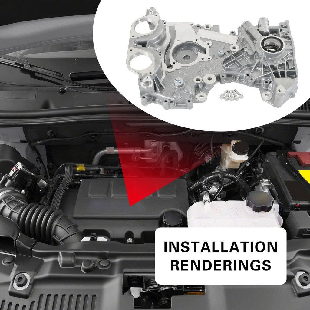 Timing cover timing housing shown in engine bay with installation overlay