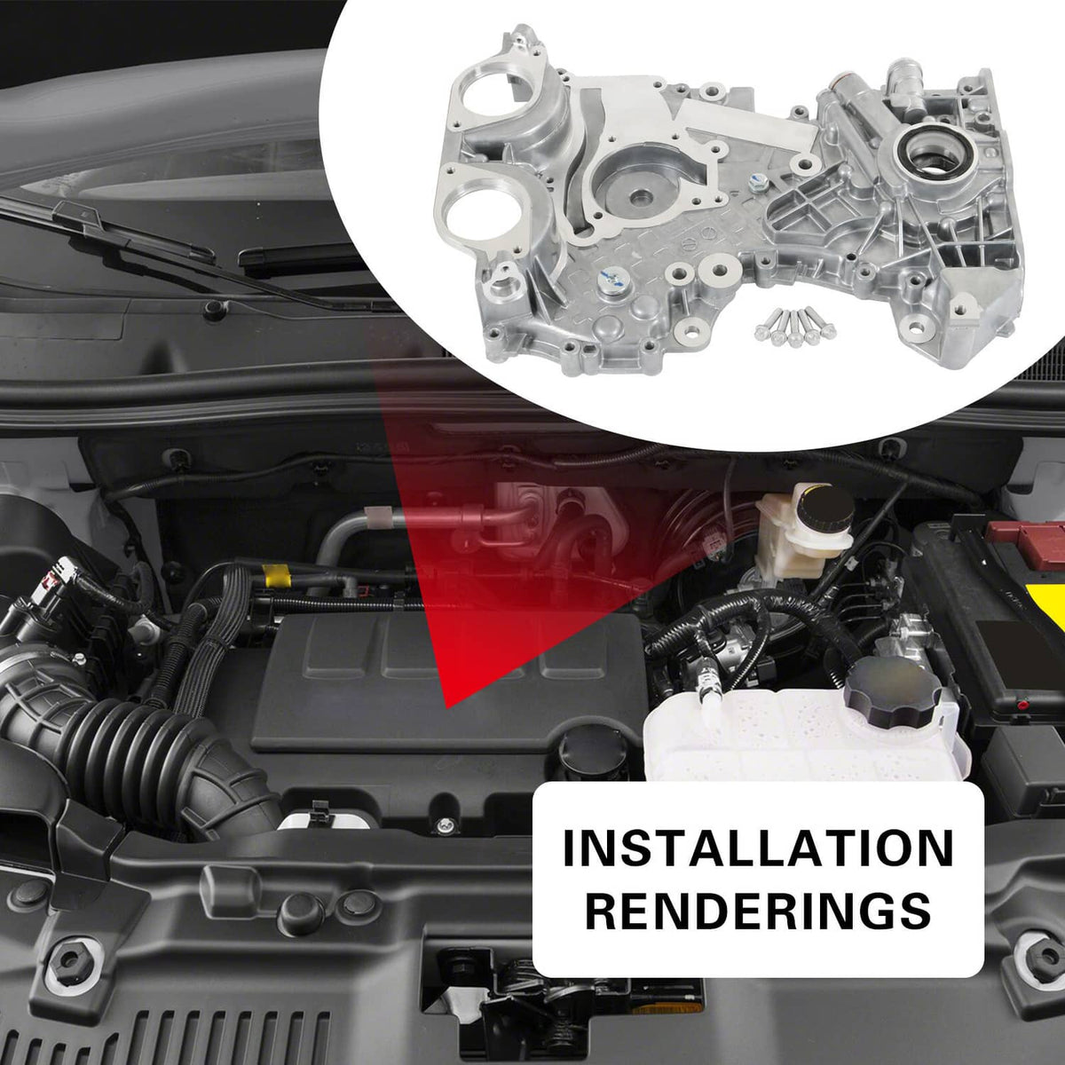 Timing cover timing housing shown in engine bay with installation overlay