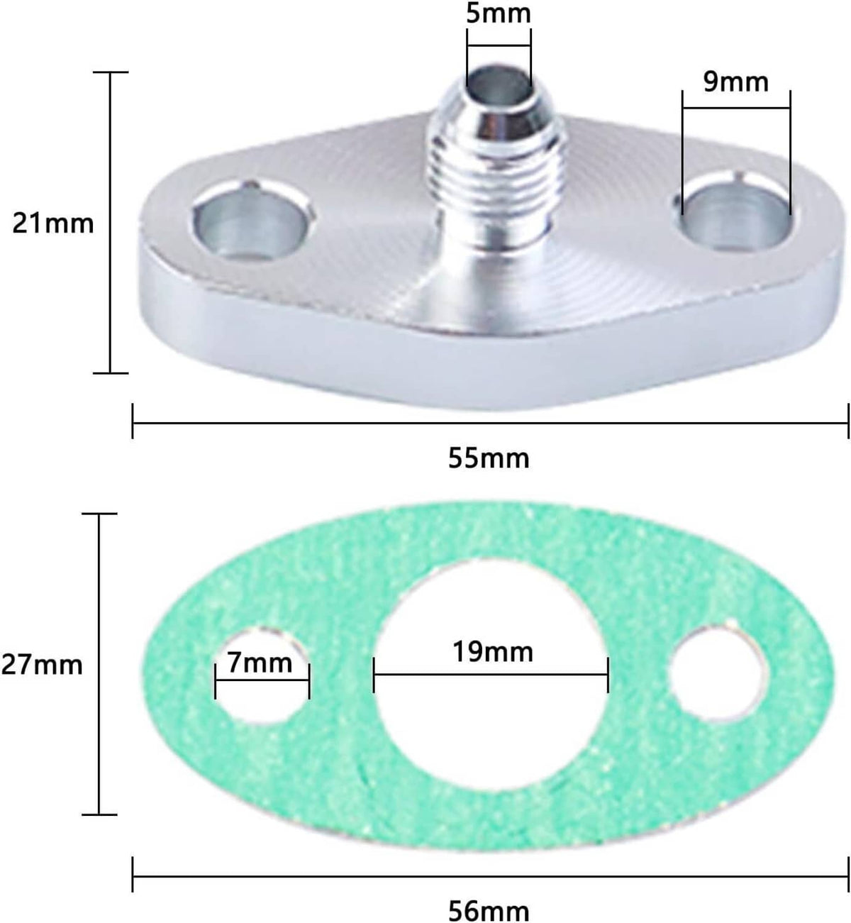 Turbo oil feed line kit mounting plate with threaded port and green gasket