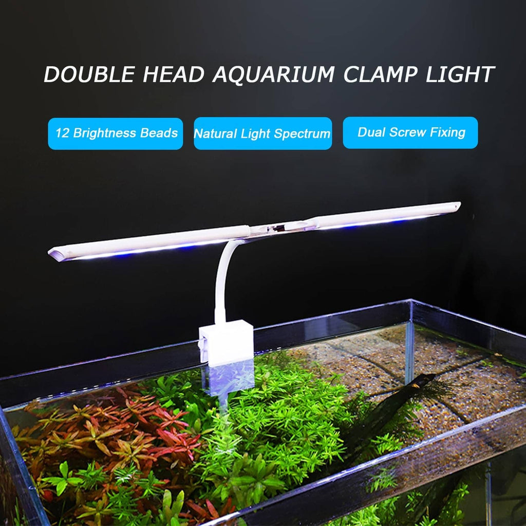 Dual-head LED aquarium clamp light with two illuminated bars over planted tank