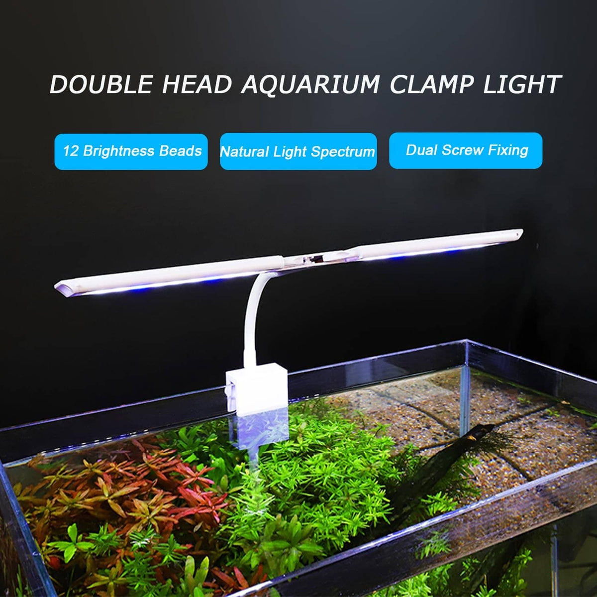 Dual-head LED aquarium clamp light with two illuminated bars over planted tank