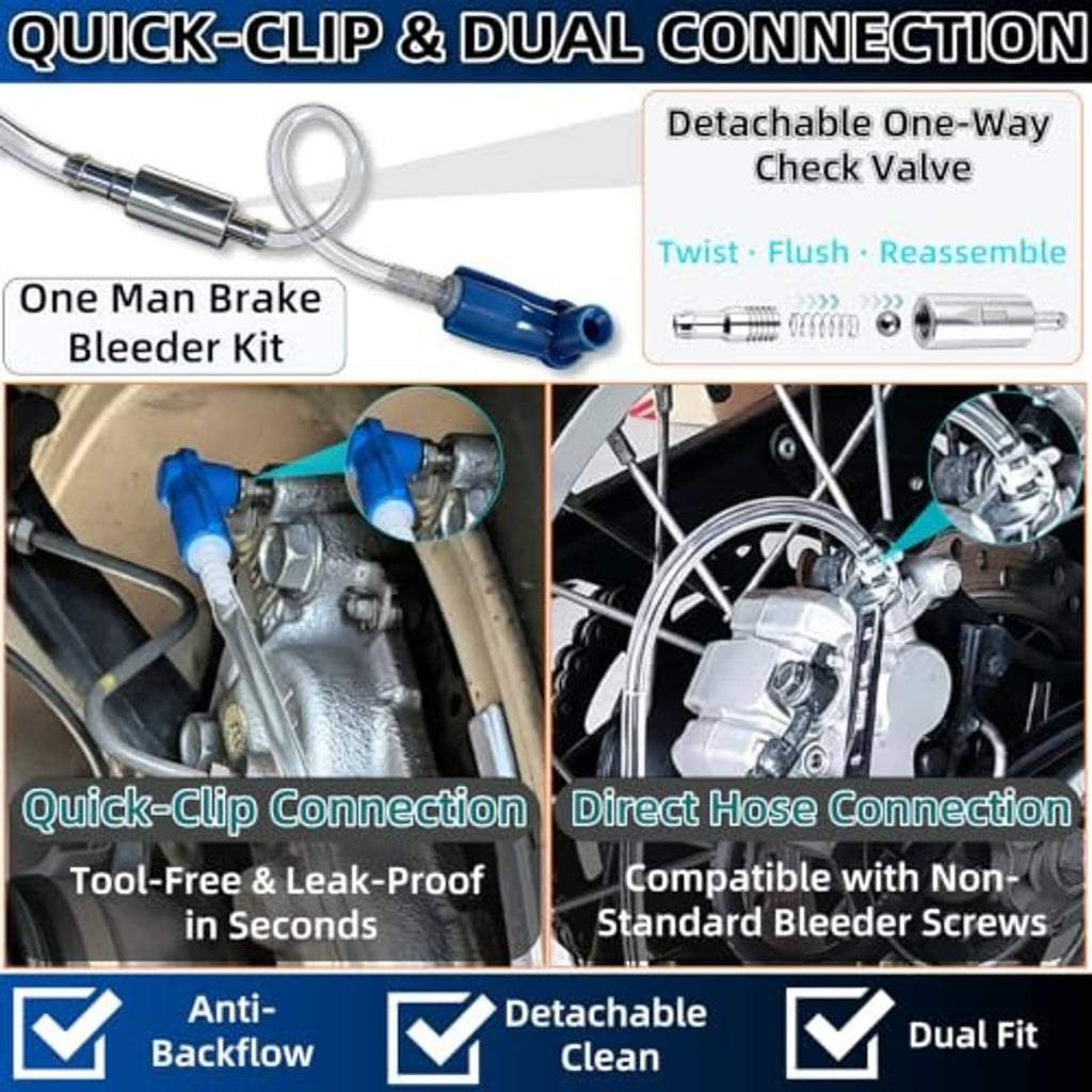 One-man brake bleeder kit with blue check valve, clear hose, and quick-clip adapter