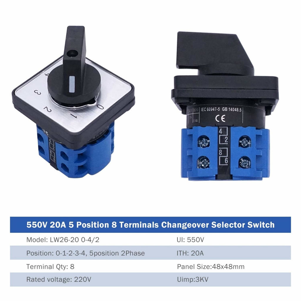 4-position rotary changeover switch with blue terminal block and black mounting housing