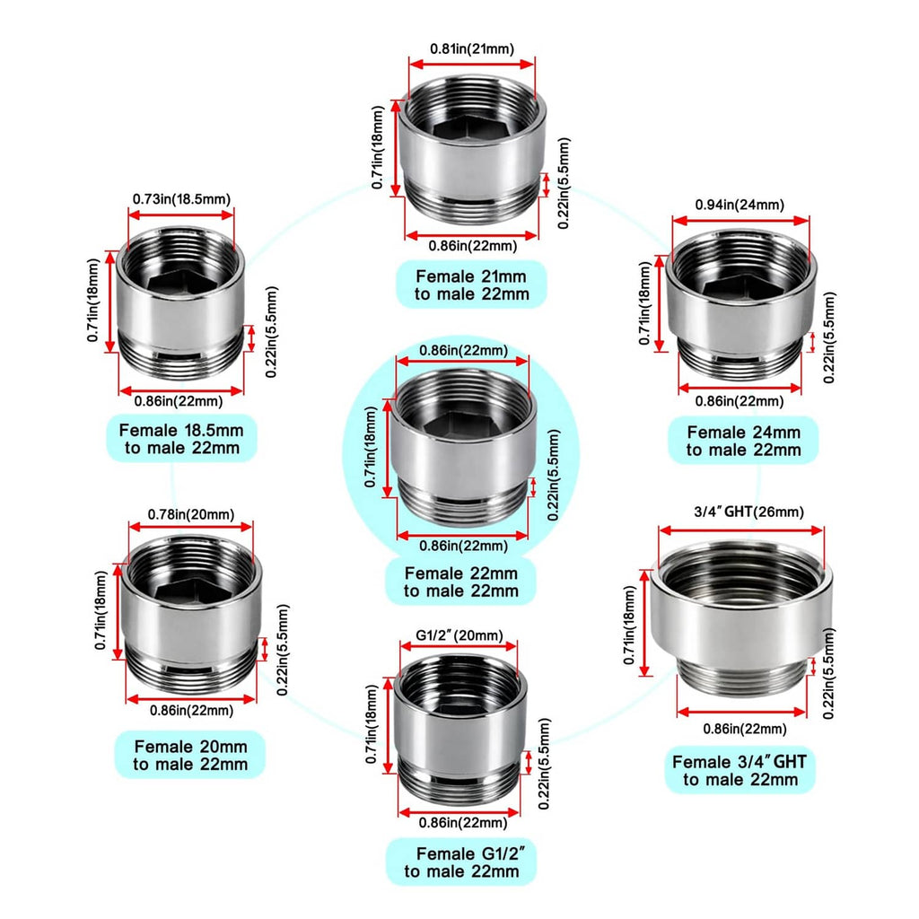 Diagram of silver faucet thread adapters showing female and male thread sizes