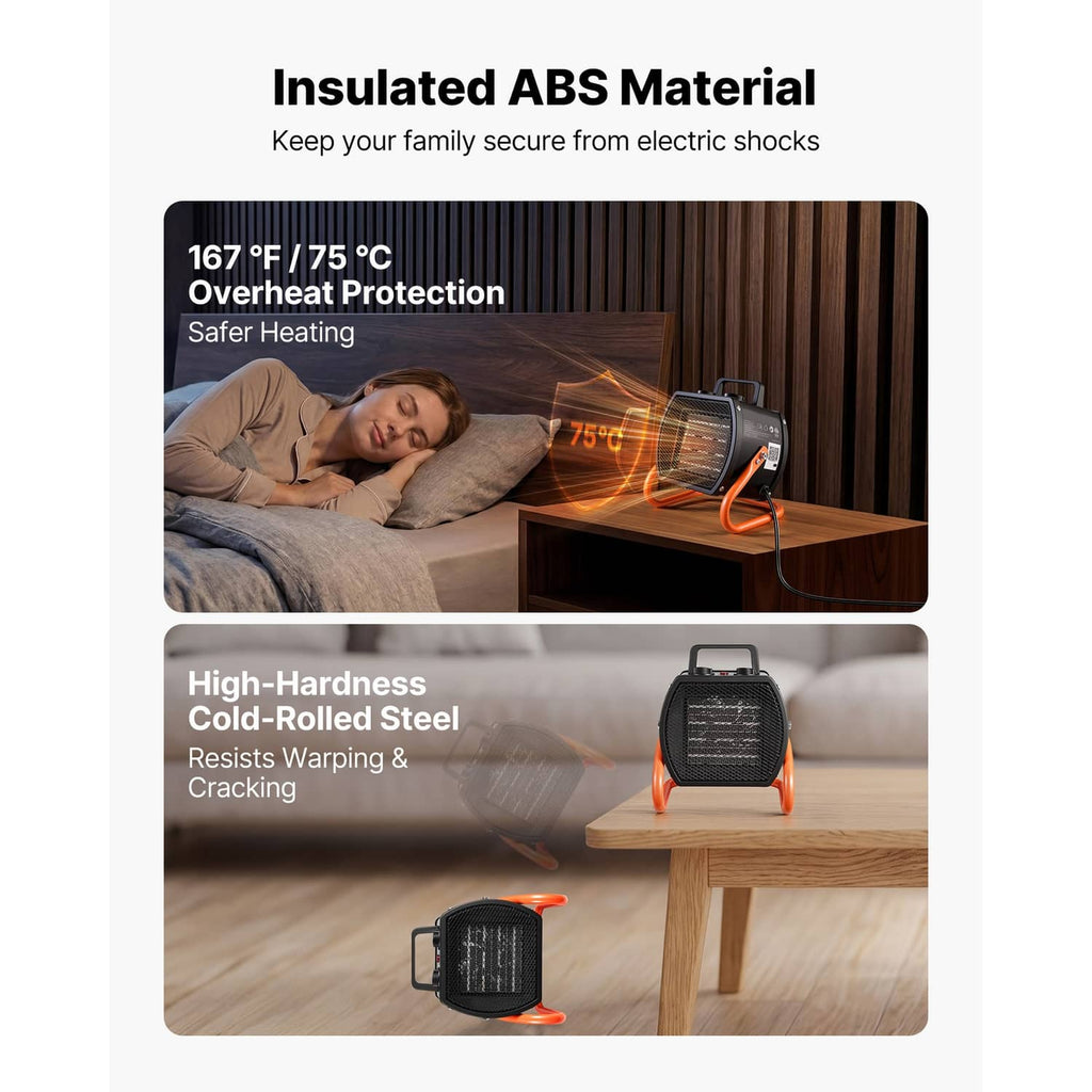 Electric greenhouse heater showing black steel body with orange handle guards