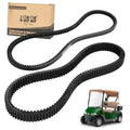 Black ribbed drive and starter belts set with toothed edges, shown with product box
