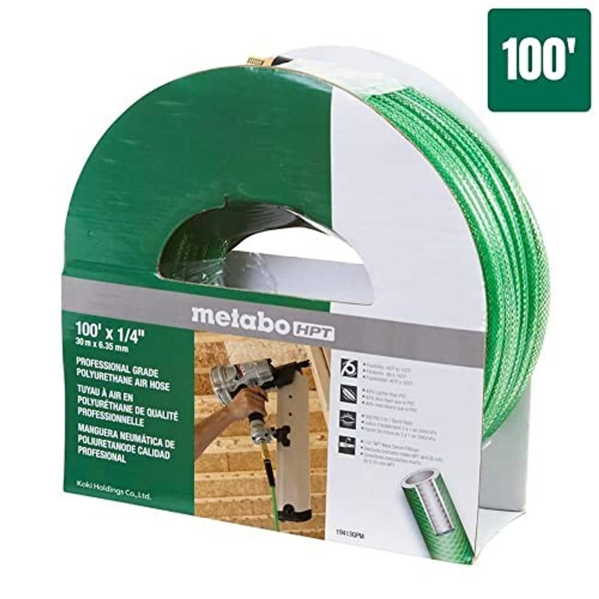 Metabo HPT boxed 1/4 in x 100 ft green polyurethane air hose, 100 ft label shown.