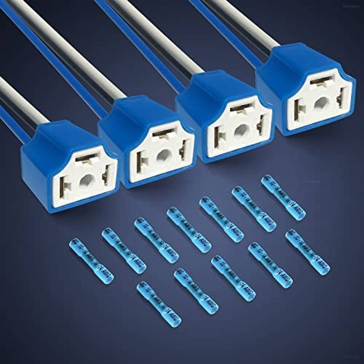 Row of blue headlight wiring harness plugs with white ceramic sockets and attached wire leads