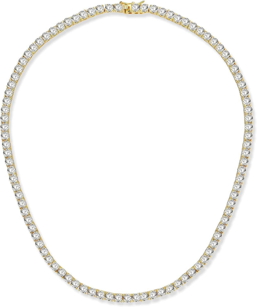 CZ tennis necklace with round clear stones in a continuous tennis row, gold-plated finish