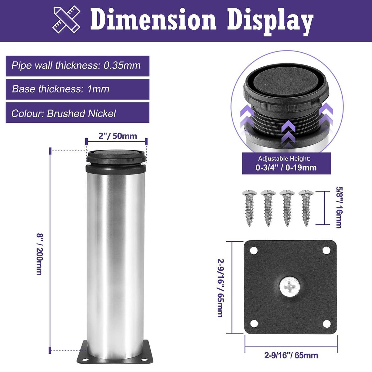 Single stainless steel furniture leg with black rubber base and mounting plate