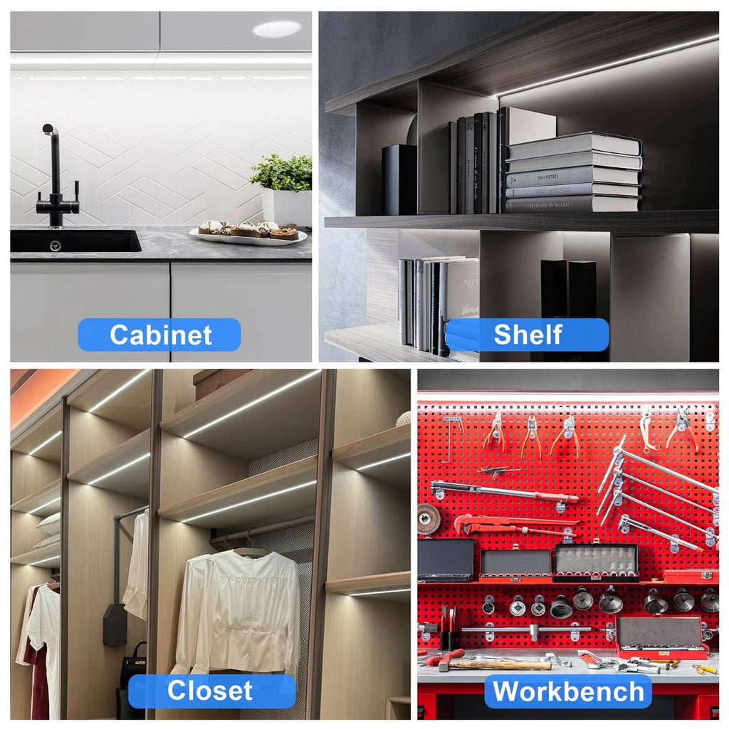 Under-cabinet LED strip light for cabinet, shelf, closet, and workbench illumination