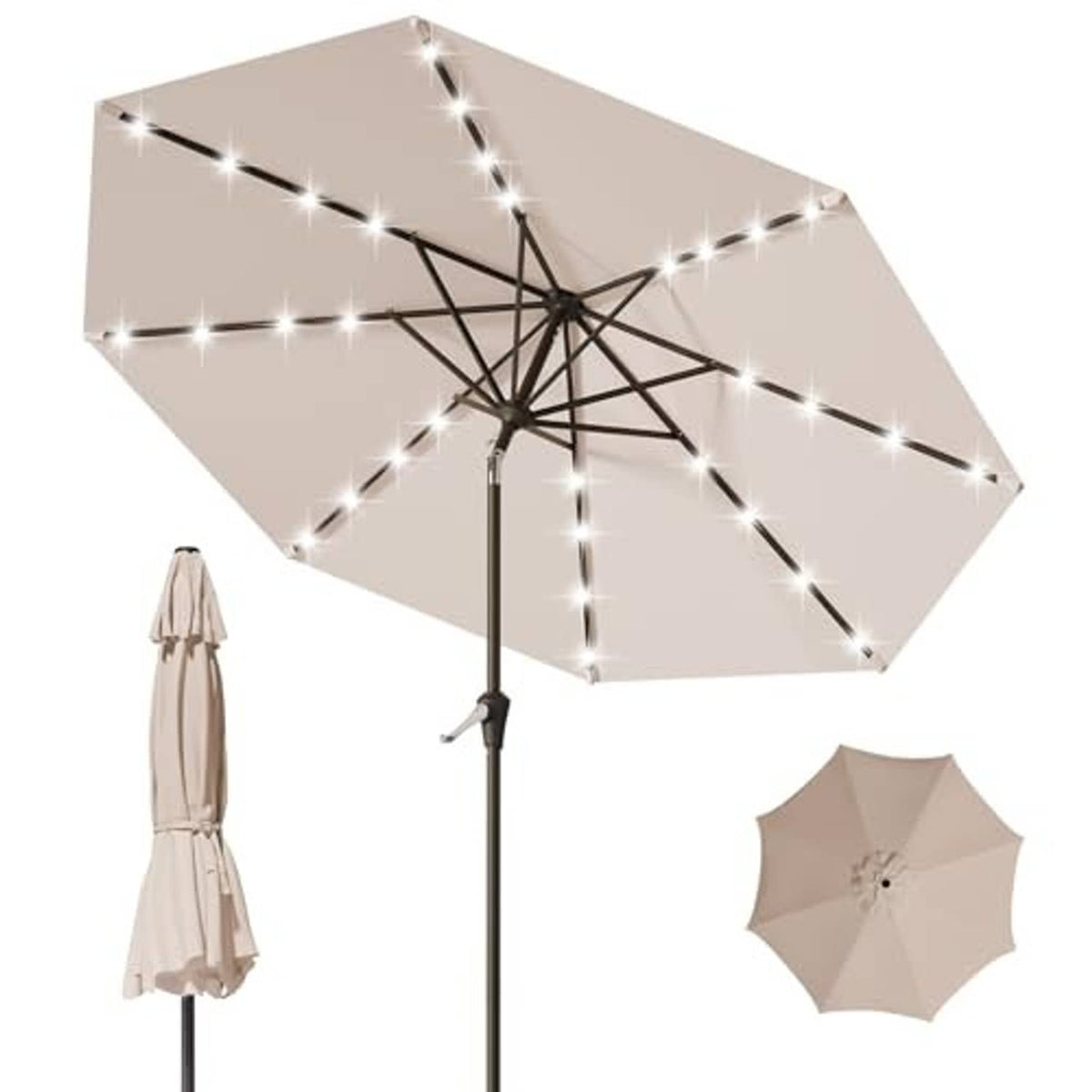 Beige patio umbrella with solar LED lights and tilt pole, black ribs