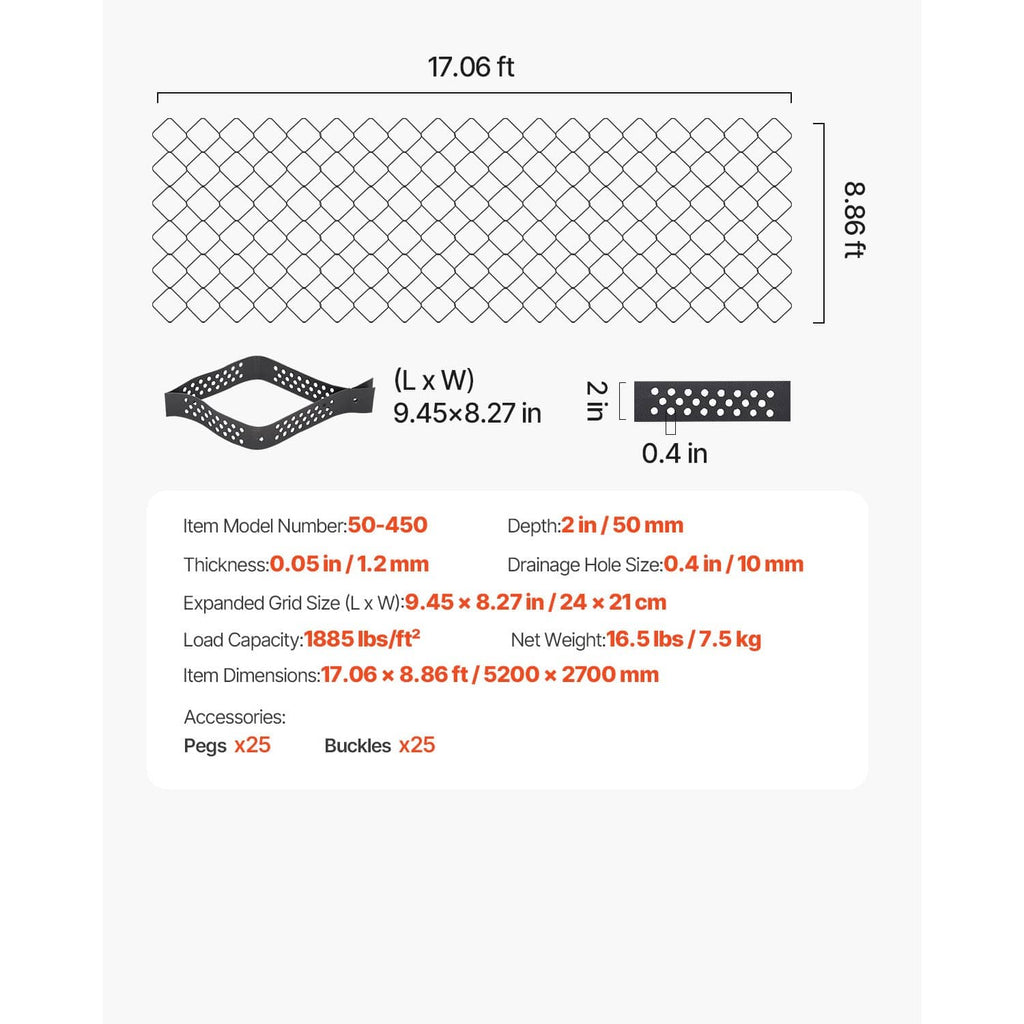 Dimensions diagram of black geocell grid panel with diamond mesh and connector cutouts