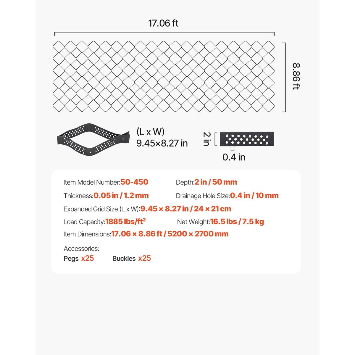 Dimensions diagram of black geocell grid panel with diamond mesh and connector cutouts