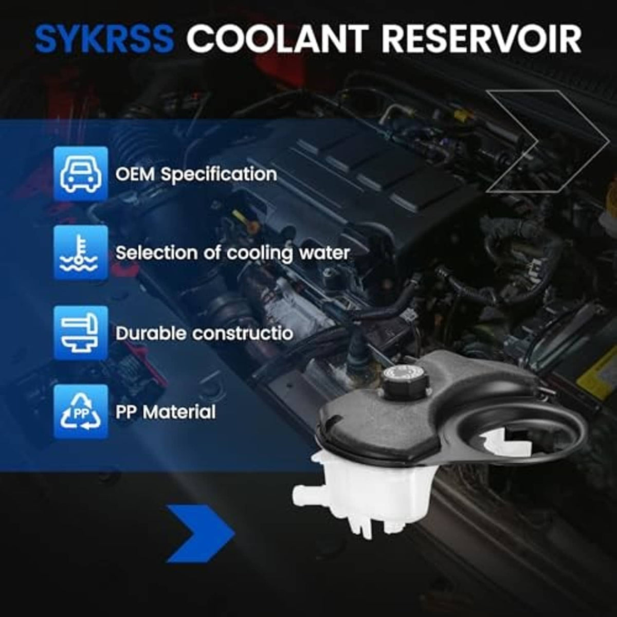 Coolant reservoir tank in engine bay with black cap and curved hose connection