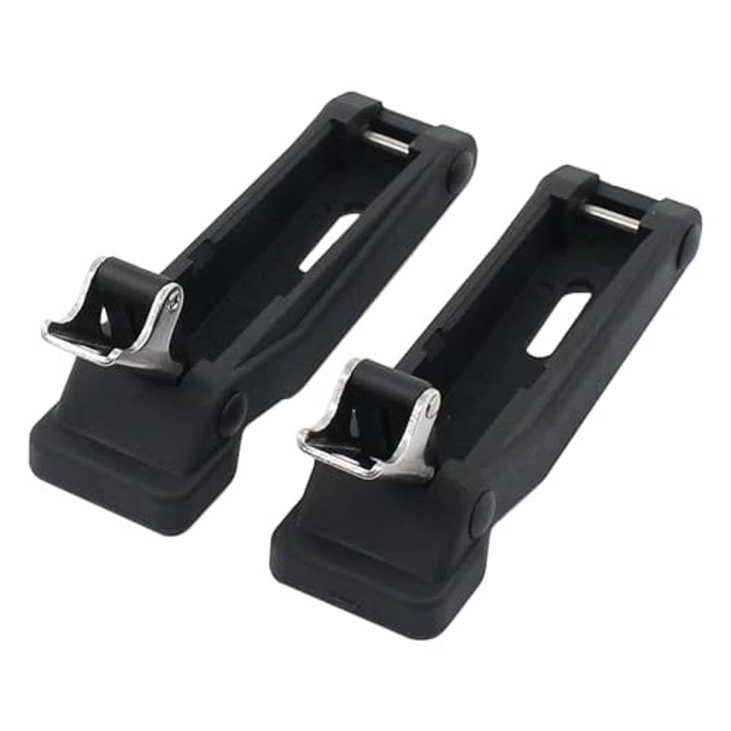 Two black front rack latch holders with silver spring clips and mounting hardware
