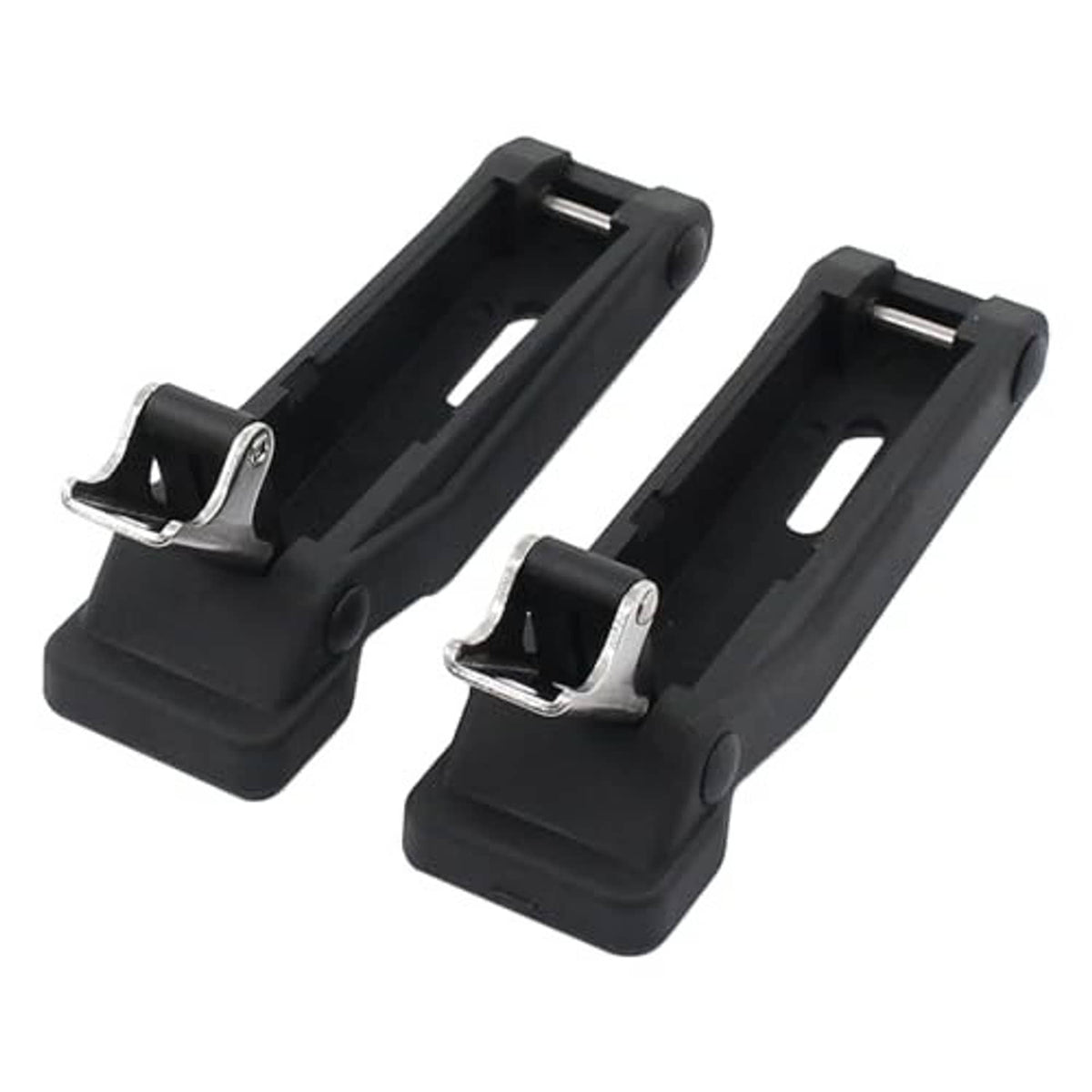Two black front rack latch holders with silver spring clips and mounting hardware