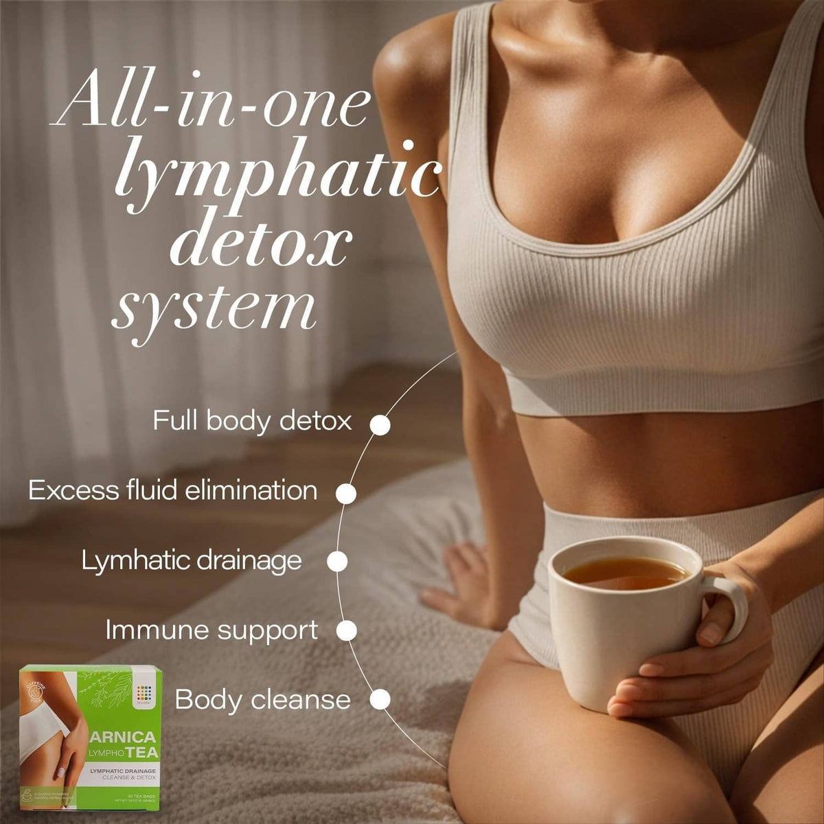 Lymphatic tea kit box beside a cup for all-in-one detox