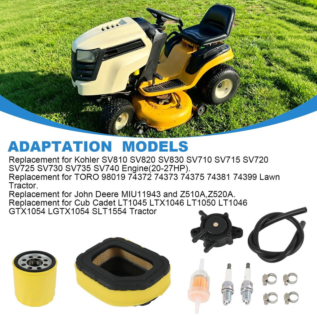 Lawn mower with air filter kit parts shown: foam filter, black housing, hose, fuel line, plugs