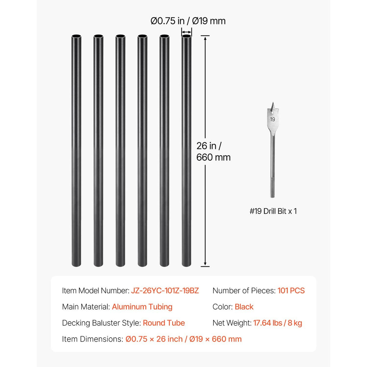 Black round aluminum balusters, dimension diagram with drill bit size shown