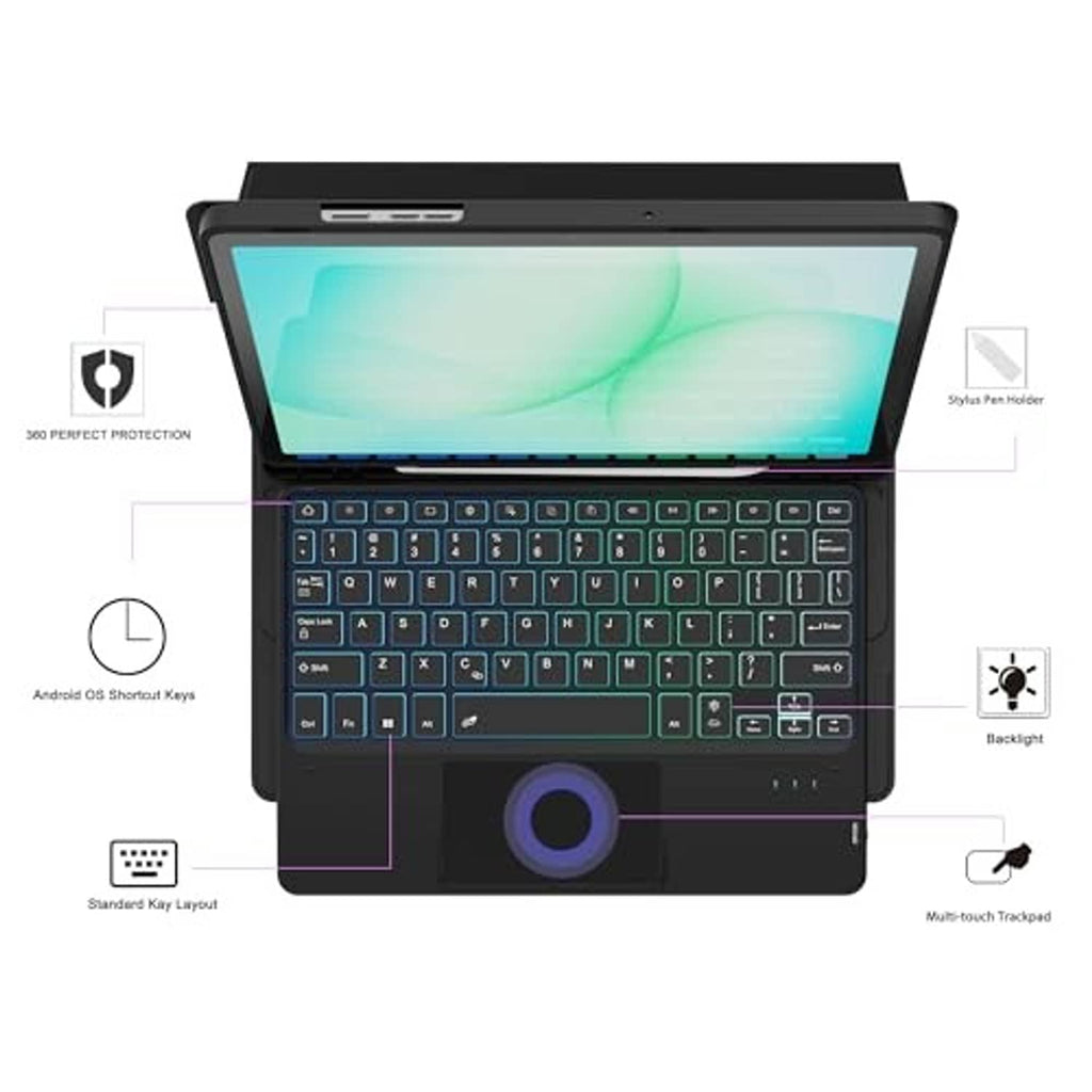 Black keyboard tablet case with trackpad, pen holder, and protective front flap