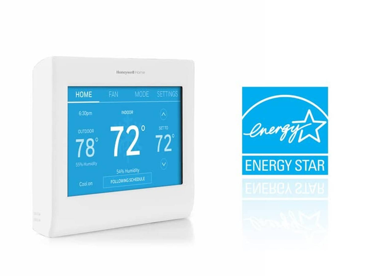 White smart color thermostat with teal touchscreen and Energy Star badge.