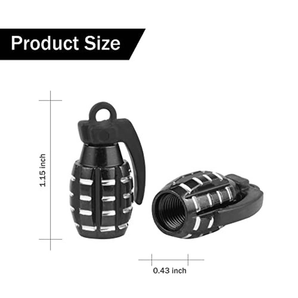 Black grenade-style valve stem caps shown with size measurements for fit