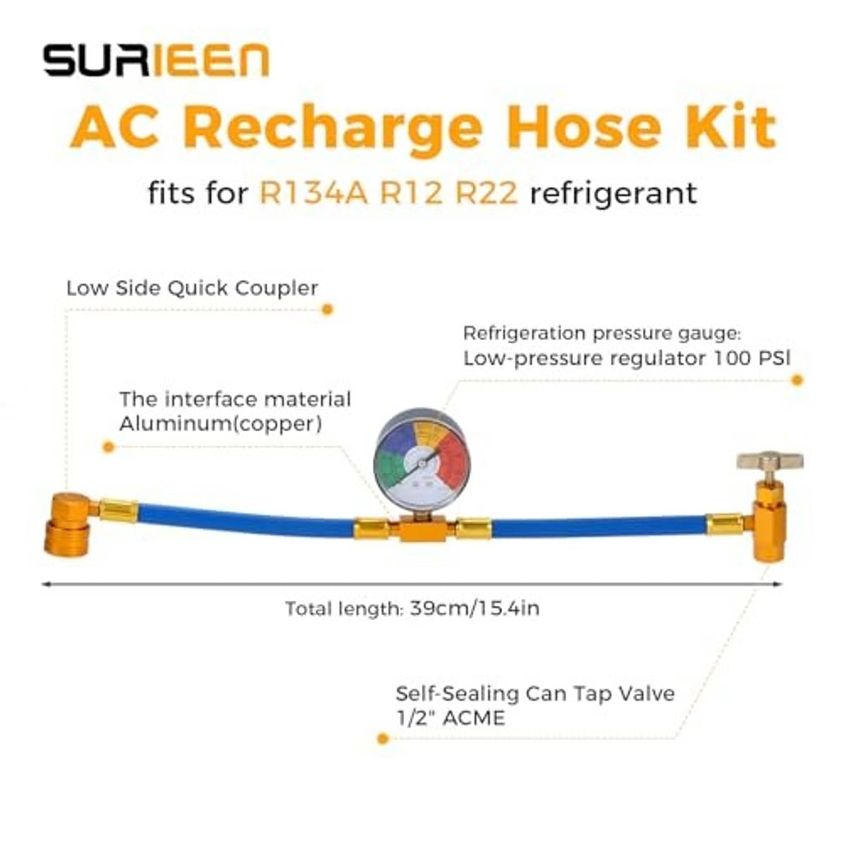 AC recharge hose kit diagram with gauge, blue hose, quick coupler, and can tap valve
