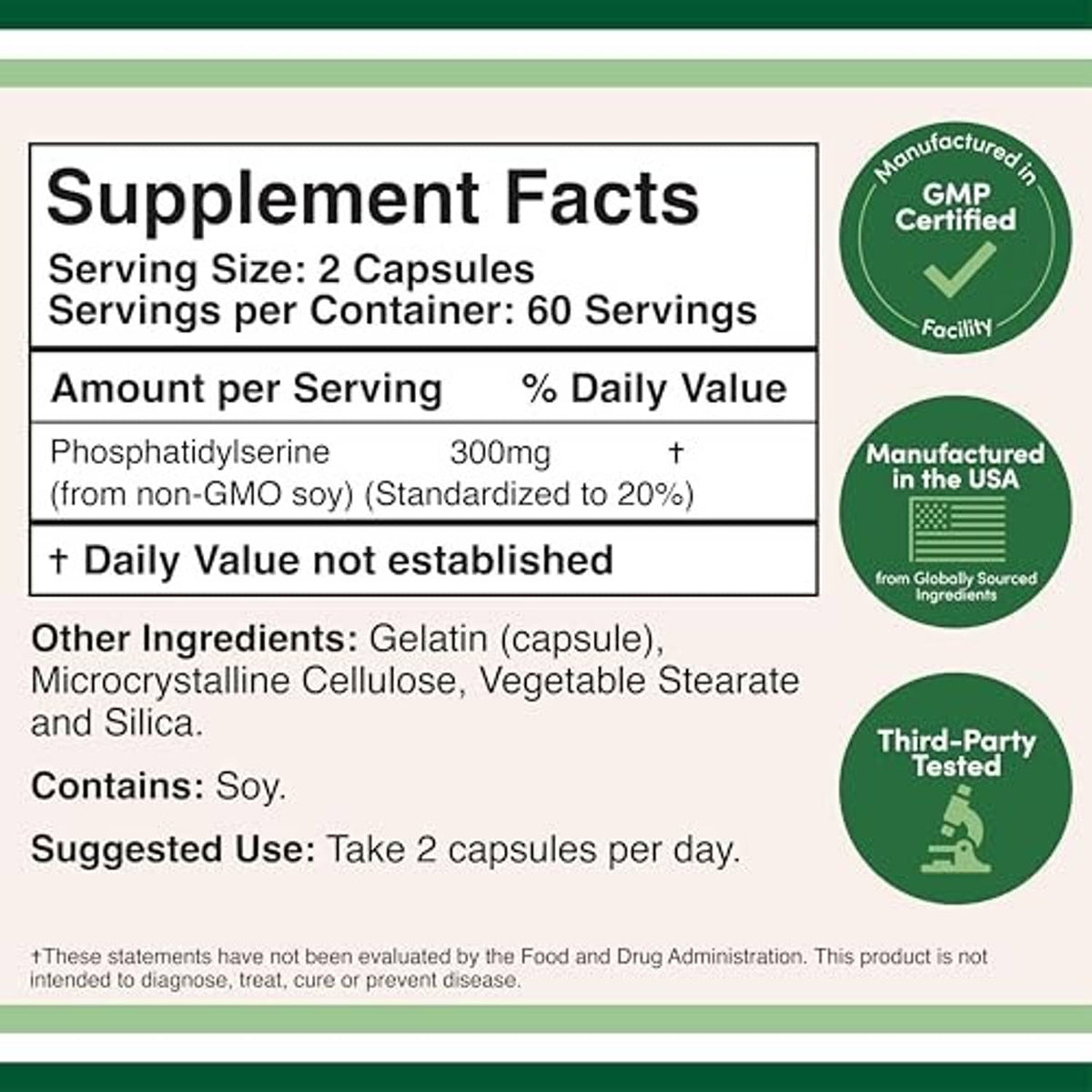 Phosphatidylserine Supplement Facts panel with serving size, ingredients, and daily use details
