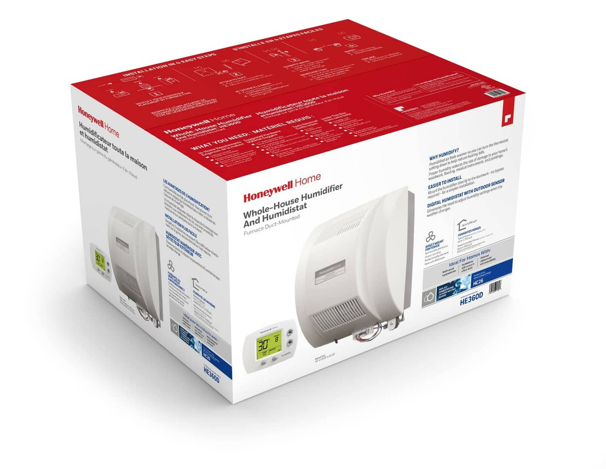 Whole-home humidifier retail box with Honeywell Home branding and printed specifications