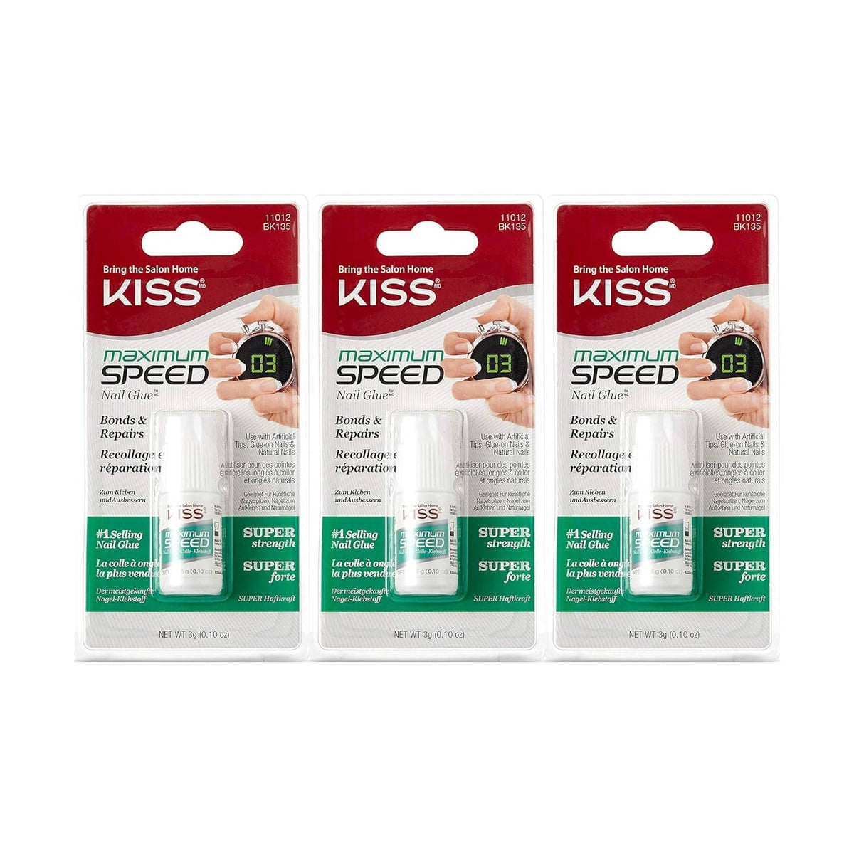 KISS Maximum Speed nail glue 3 pack in clear blister with applicator bottles
