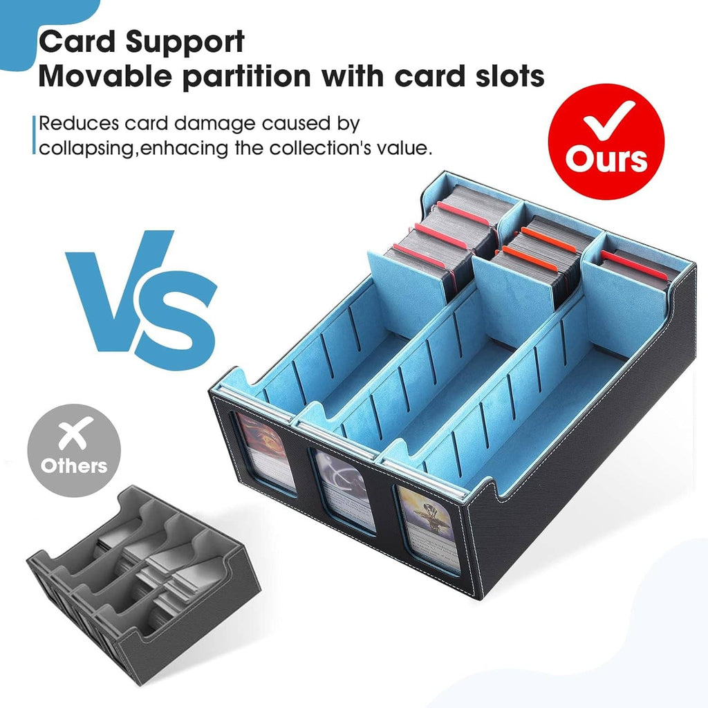 Trading card box with blue card slots and divider supports to help prevent card damage