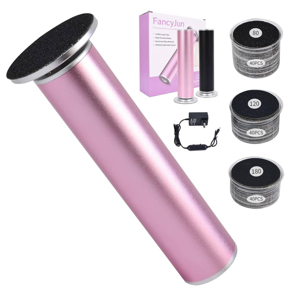 Electric foot callus remover in purple-pink with black sanding head, plus sanding discs