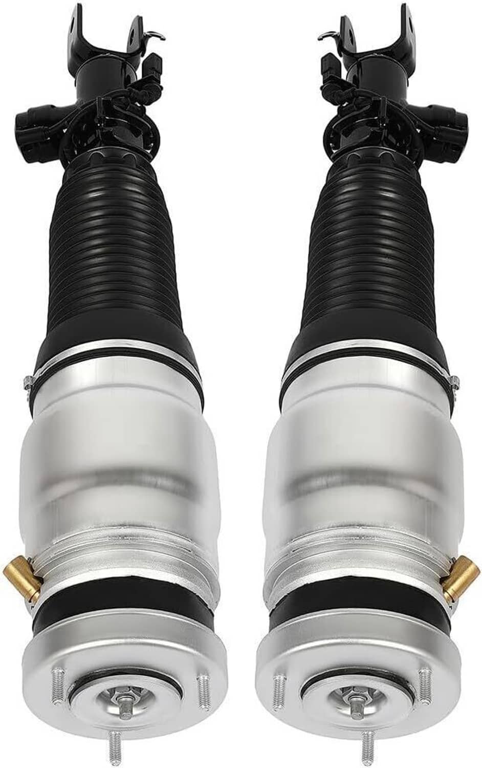 Pair of front air suspension struts with black bellows, silver cylinders, and gold fittings