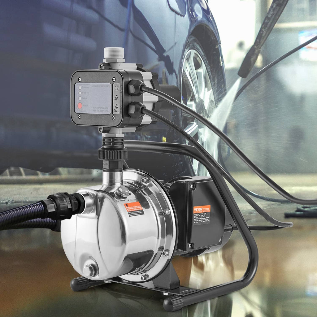 Shallow well jet pump spraying water through hoses, with electronic controller and stainless pump.