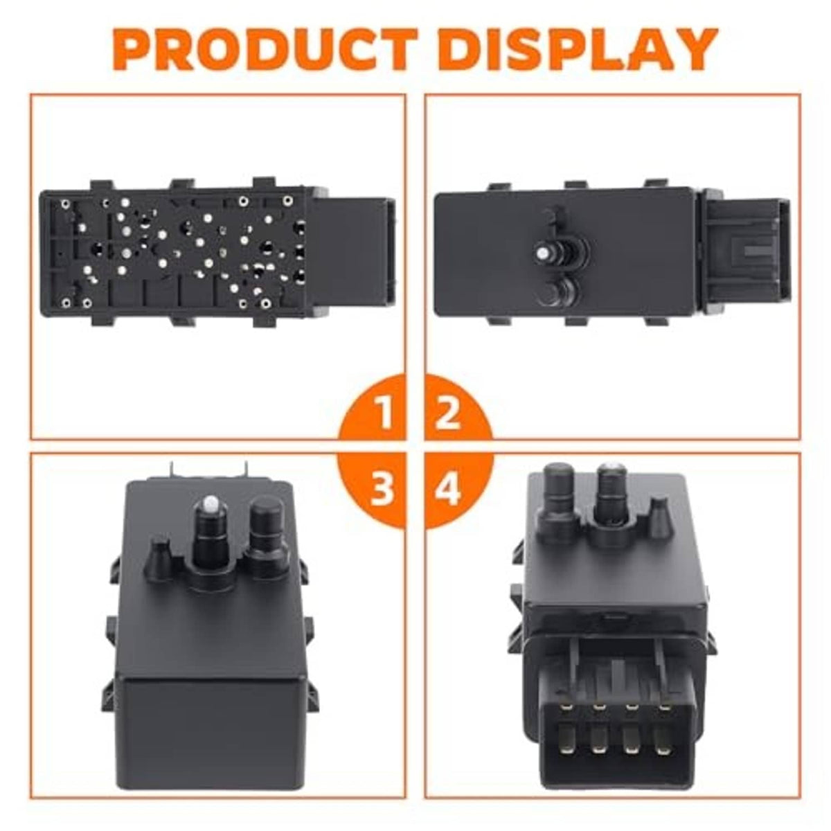 Power seat adjuster control switch, dark body with multi-button top and pin connector
