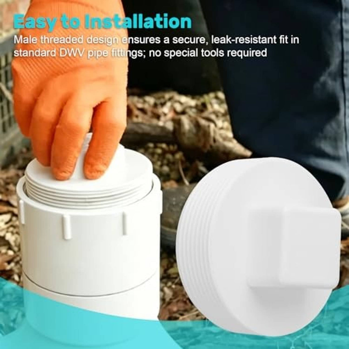3-inch PVC sewer cleanout plug being hand-installed on threaded DWV fitting