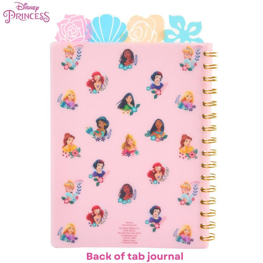 Disney Princess spiral bound notebook back cover, pink with small character icons and gold rings