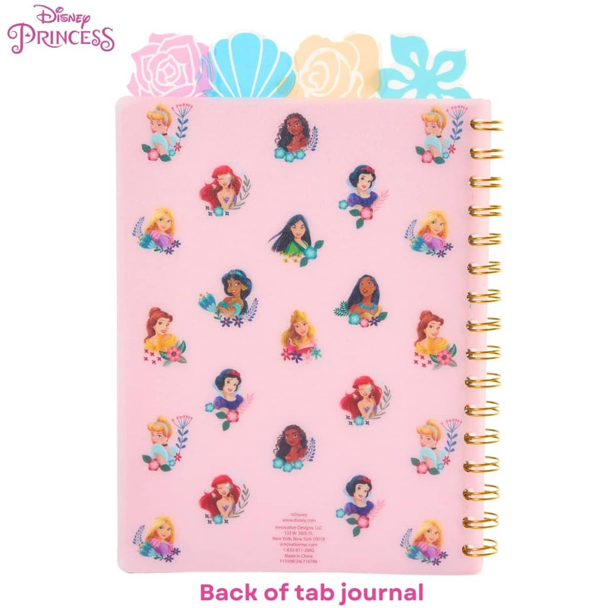 Disney Princess spiral bound notebook back cover, pink with small character icons and gold rings