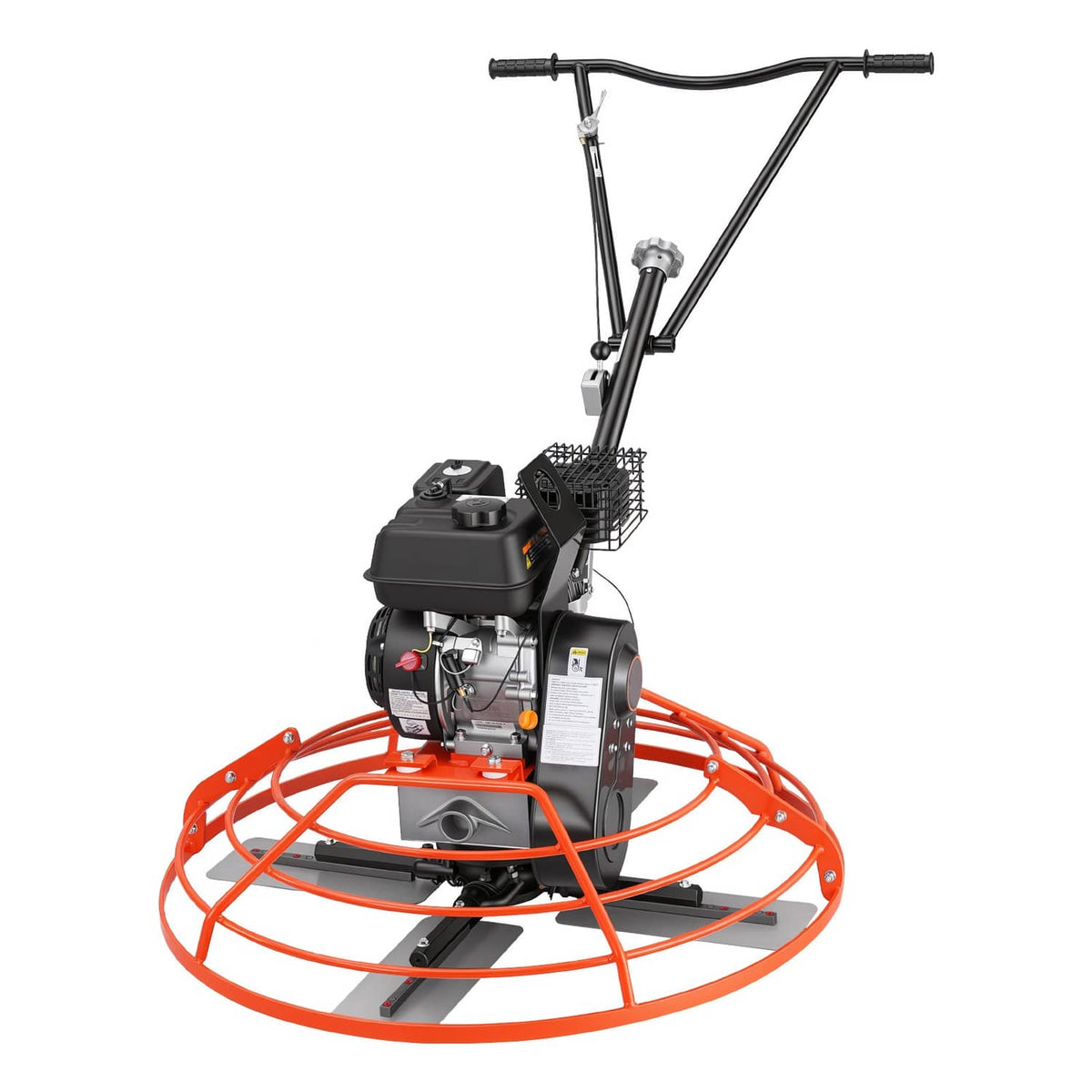 Compact gas concrete power trowel with orange guard and upright control handle